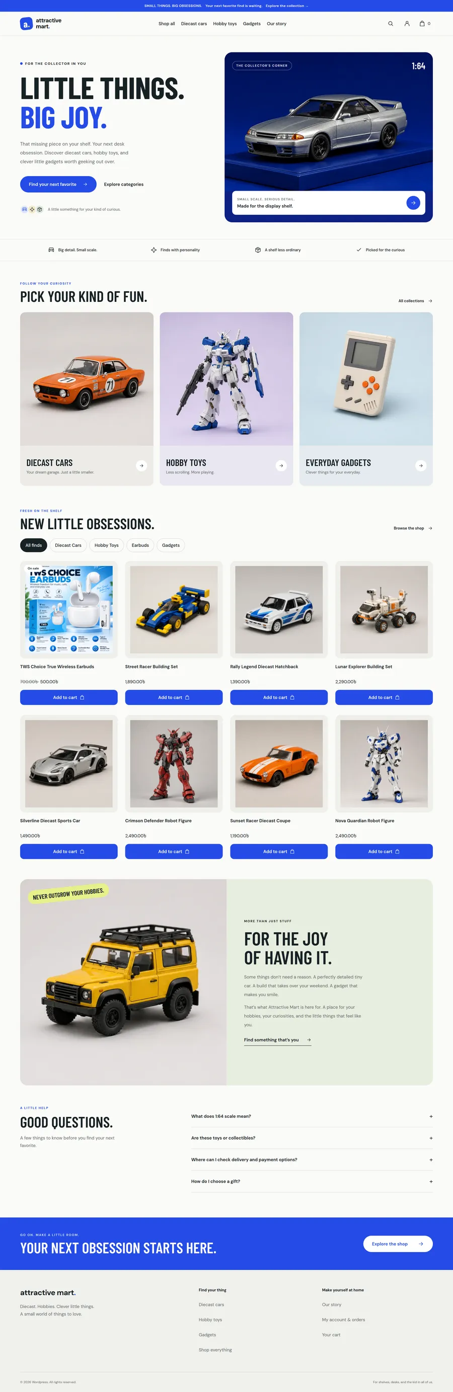 Attractive Mart storefront homepage with a diecast car hero, shop-by-category tiles, a product grid, and an FAQ section