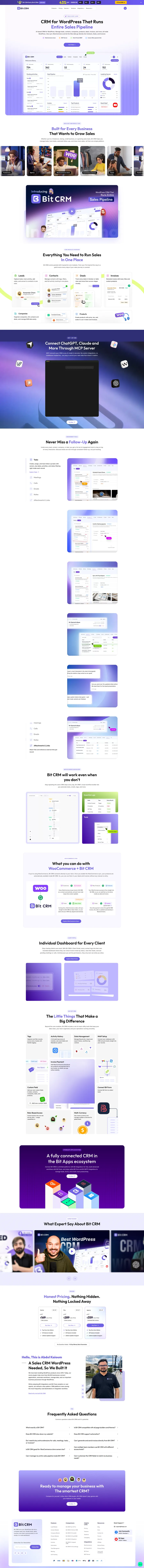 Bit CRM landing page showing the sales pipeline, deals, and invoicing modules that run inside the WordPress admin